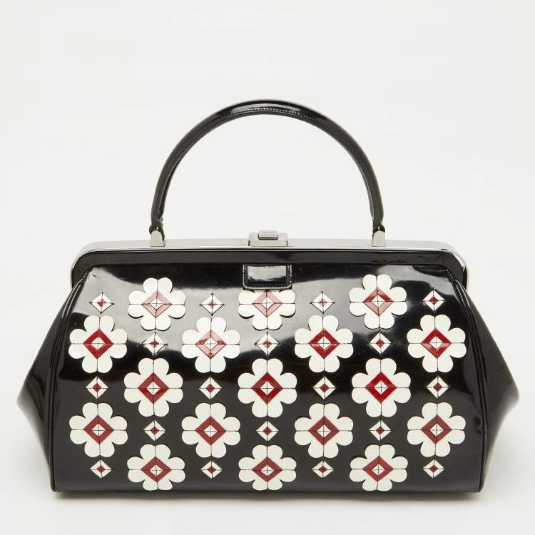 Pre Owned Prada Black Patent Leather Floral Applique Frame Doctor Top Handle Bag