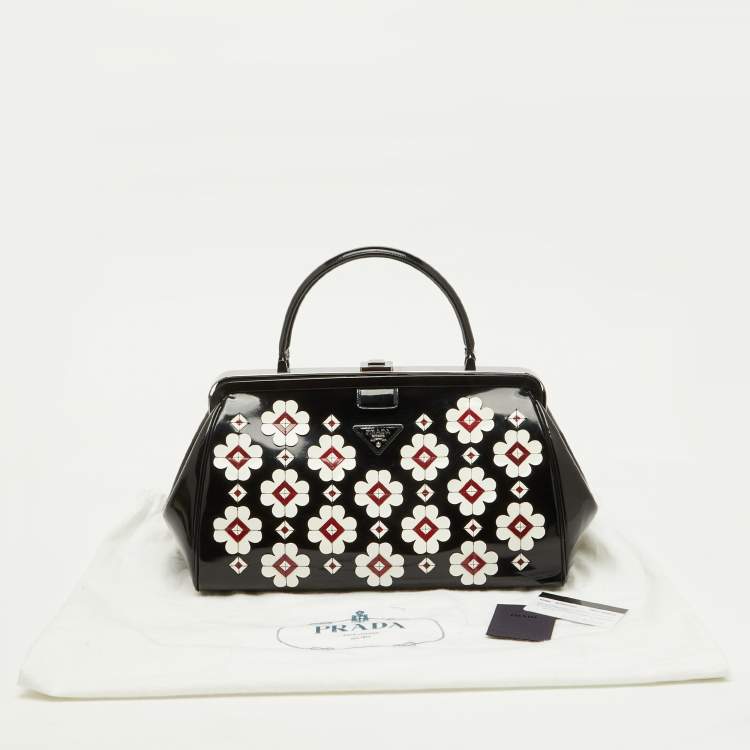 Pre Owned Prada Black Patent Leather Floral Applique Frame Doctor Top Handle Bag