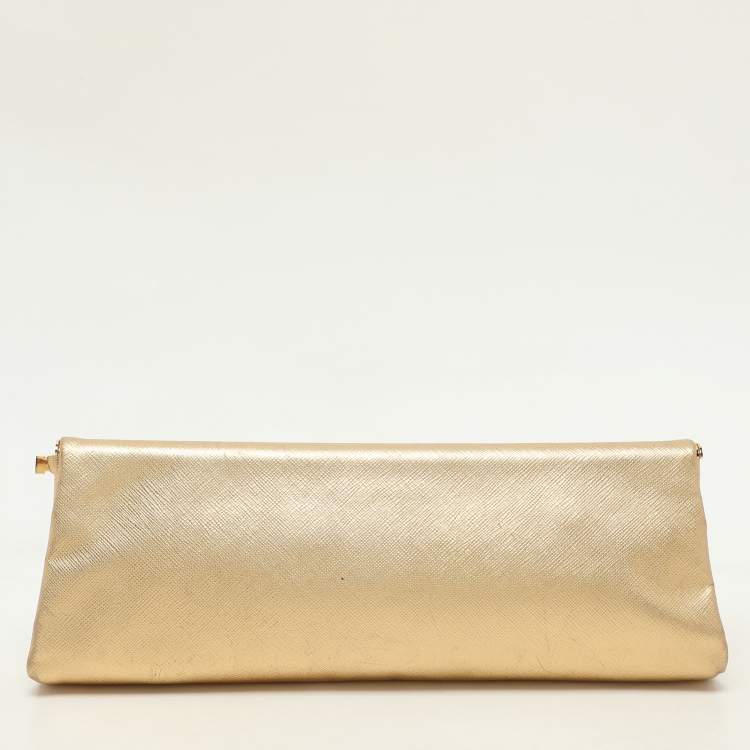 Pre Owned Prada Gold Saffiano Lux Leather East-West Frame Clutch