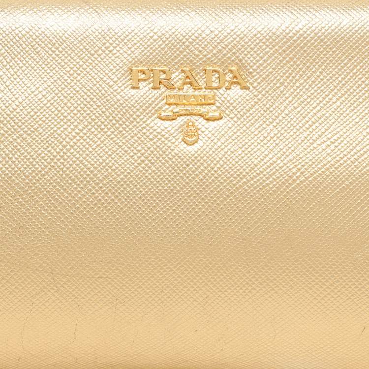 Pre Owned Prada Gold Saffiano Lux Leather East-West Frame Clutch