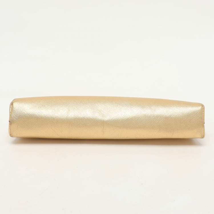 Pre Owned Prada Gold Saffiano Lux Leather East-West Frame Clutch
