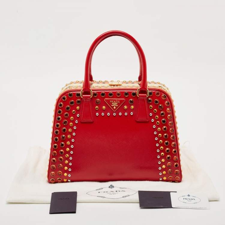 Pre Owned Prada Red/Peach Saffiano Patent Leather Pyramid Frame Satchel
