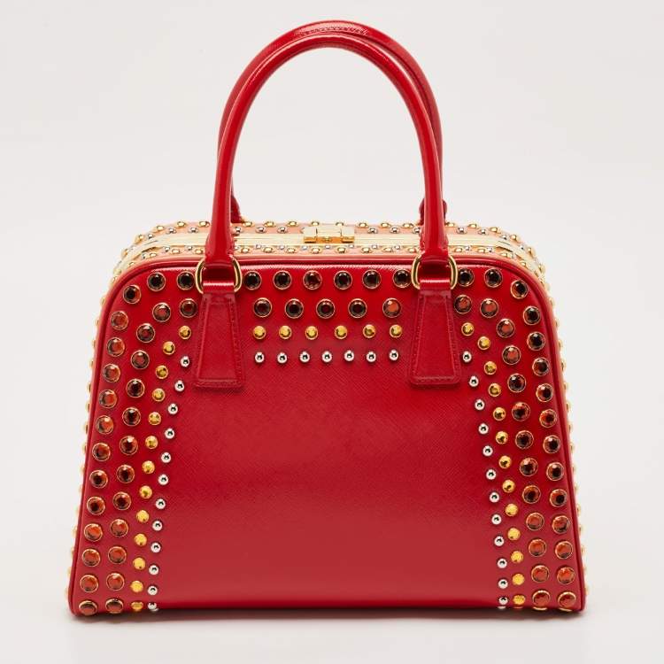 Pre Owned Prada Red/Peach Saffiano Patent Leather Pyramid Frame Satchel