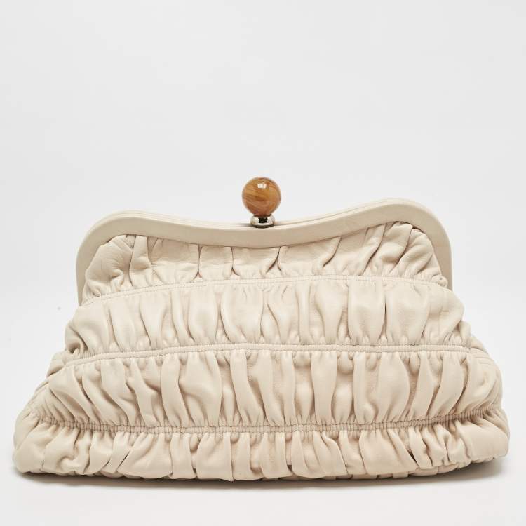 Pre Owned Prada Cream Nappa Gaufre Leather Frame Clutch