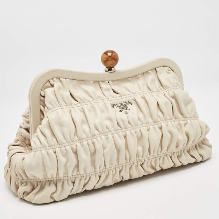 Pre Owned Prada Cream Nappa Gaufre Leather Frame Clutch