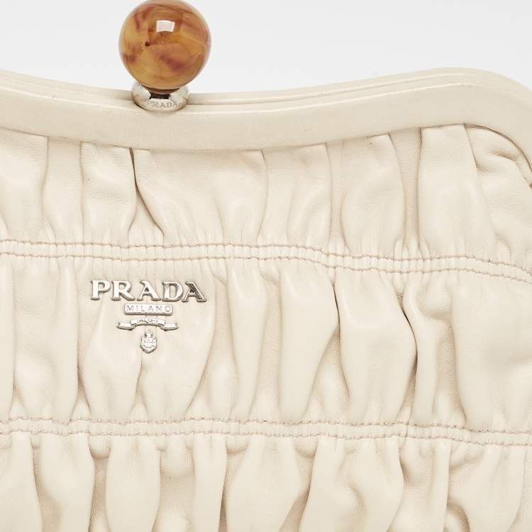 Pre Owned Prada Cream Nappa Gaufre Leather Frame Clutch