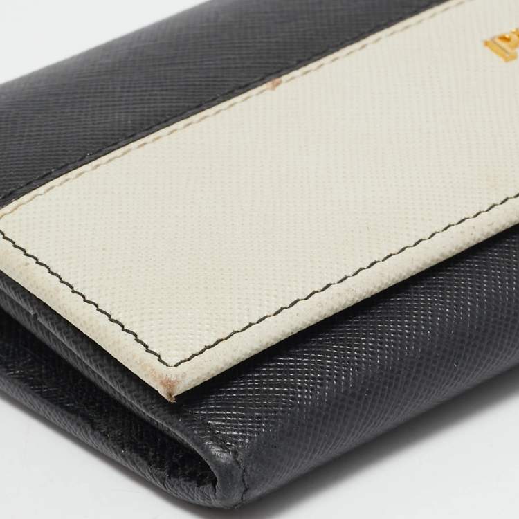 Pre Owned Prada Black/White Saffiano Leather Continental Wallet