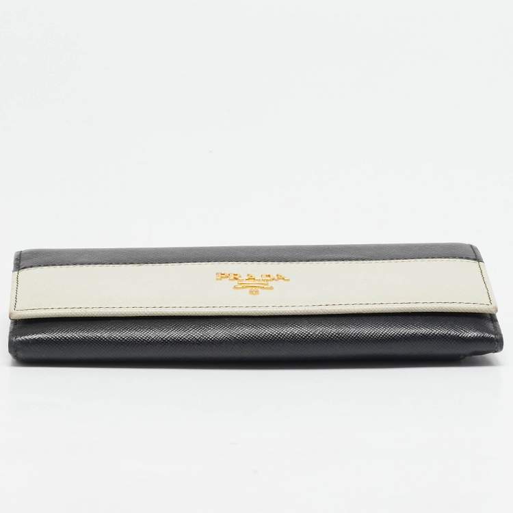 Pre Owned Prada Black/White Saffiano Leather Continental Wallet