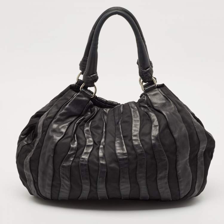 Pre Owned Prada Black Leather and Nylon Waves Hobo