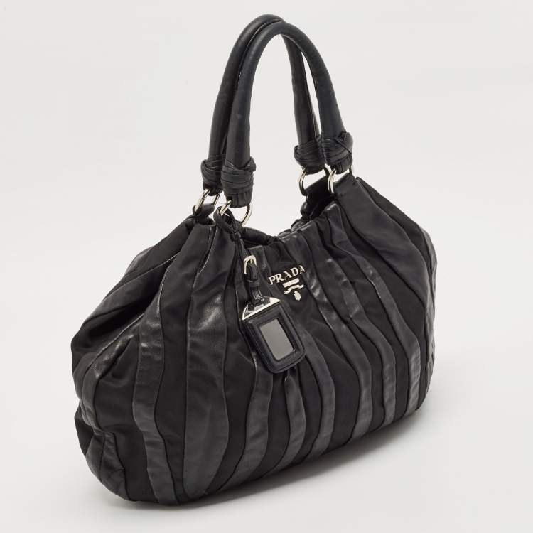 Pre Owned Prada Black Leather and Nylon Waves Hobo