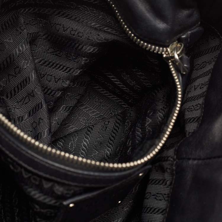 Pre Owned Prada Black Leather and Nylon Waves Hobo