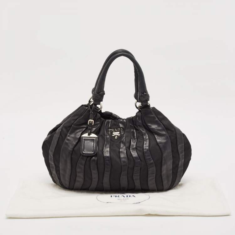 Pre Owned Prada Black Leather and Nylon Waves Hobo