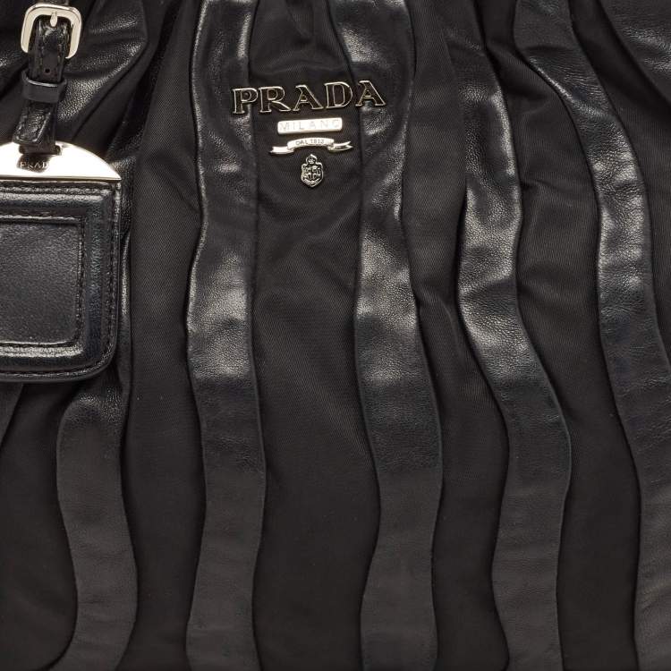Pre Owned Prada Black Leather and Nylon Waves Hobo