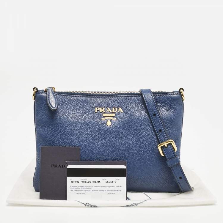 Pre Owned Prada Blue Vitello Phoenix Leather Single Zip Crossbody Bag