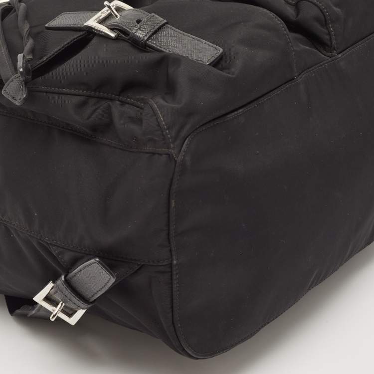 Pre Owned Prada Black Nylon and Leather Double Pocket Drawstring Backpack