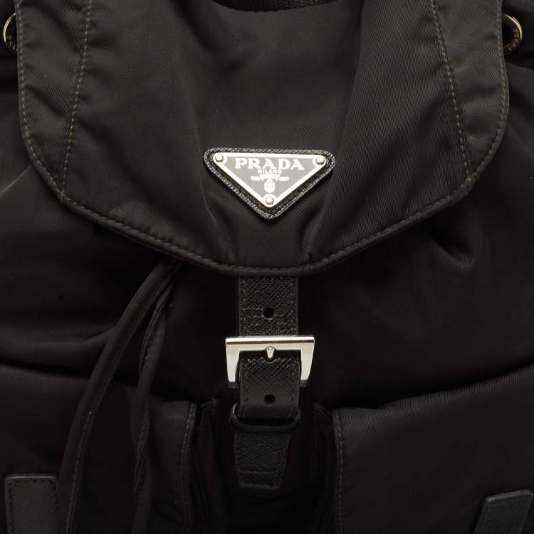 Pre Owned Prada Black Nylon and Leather Double Pocket Drawstring Backpack