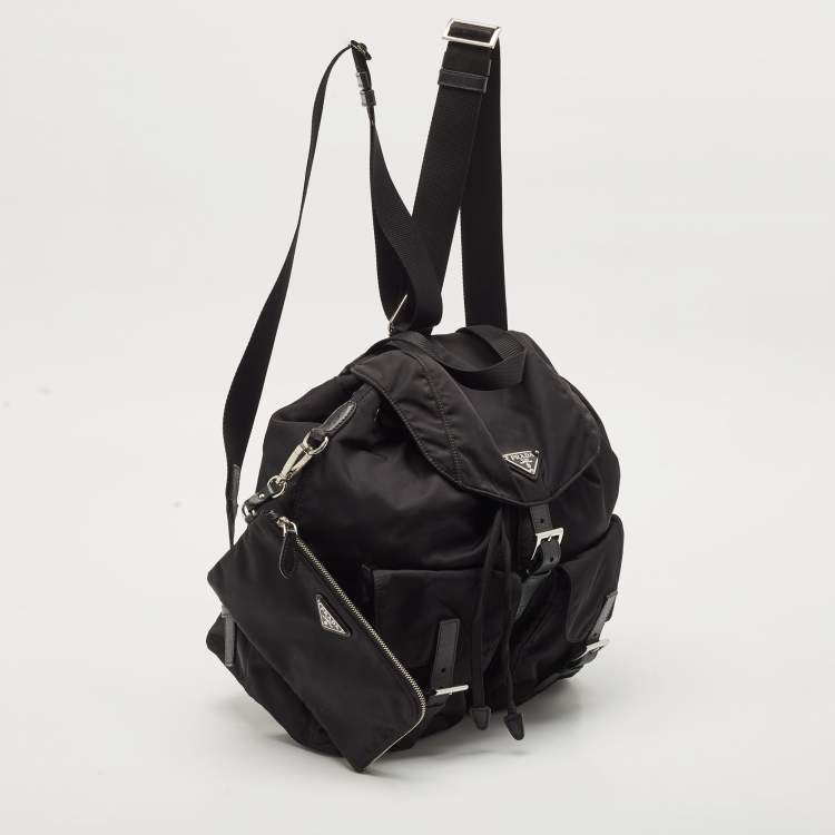 Pre Owned Prada Black Nylon and Leather Double Pocket Drawstring Backpack