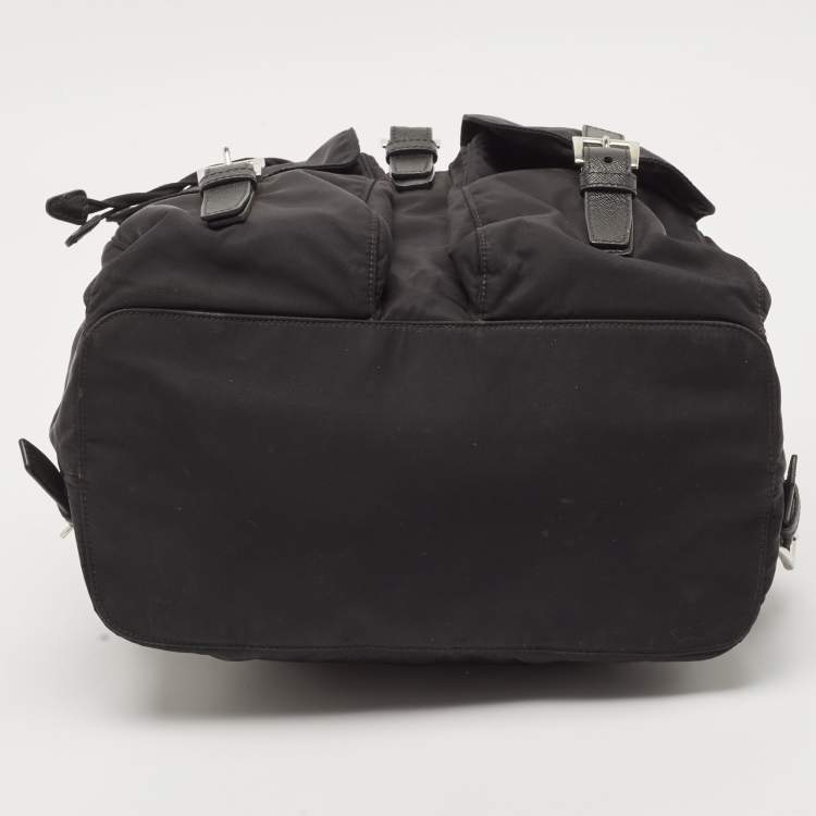 Pre Owned Prada Black Nylon and Leather Double Pocket Drawstring Backpack