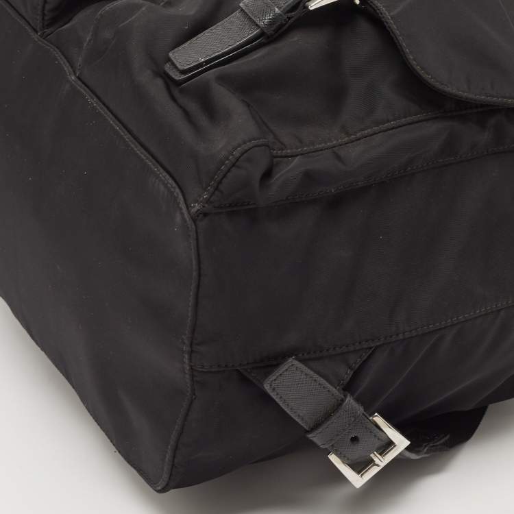 Pre Owned Prada Black Nylon and Leather Double Pocket Drawstring Backpack