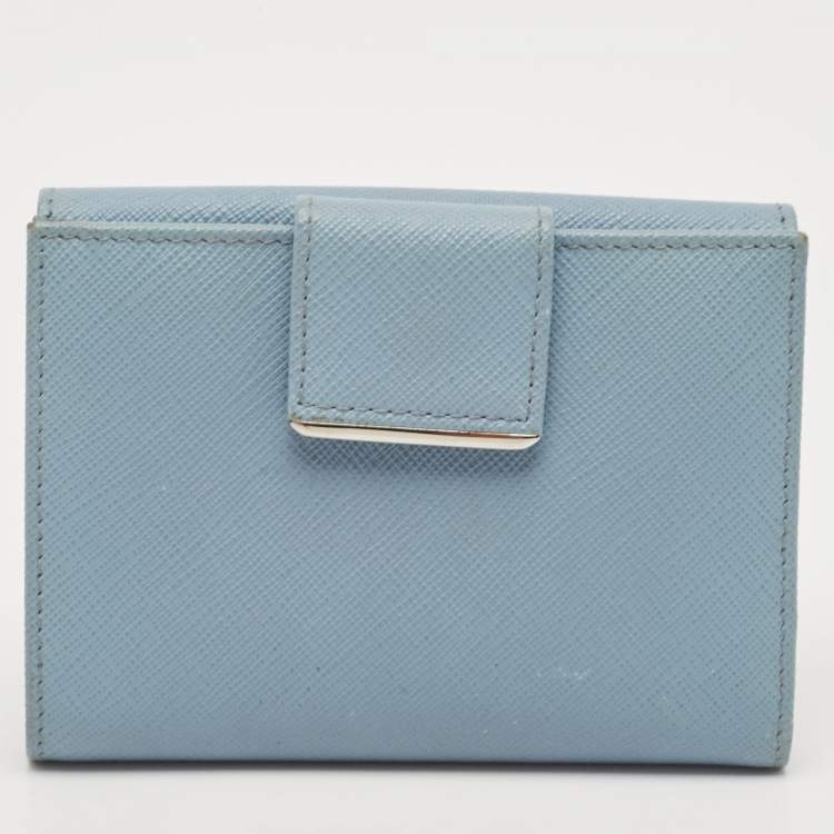 Pre Owned Prada Light Blue Leather Metal Bar French Wallet