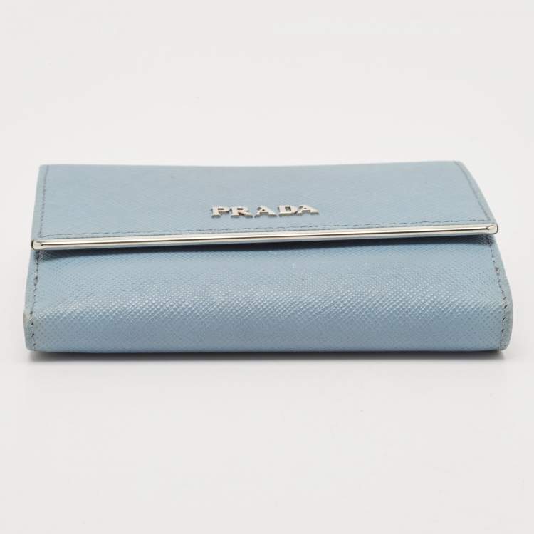 Pre Owned Prada Light Blue Leather Metal Bar French Wallet