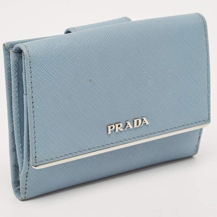 Pre Owned Prada Light Blue Leather Metal Bar French Wallet