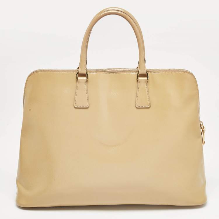 Pre Owned Prada Tan Saffiano Vernise Oversized Zip Satchel