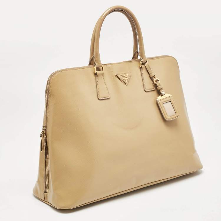 Pre Owned Prada Tan Saffiano Vernise Oversized Zip Satchel