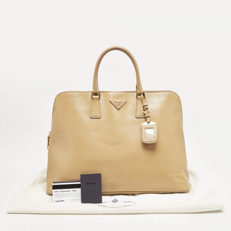 Pre Owned Prada Tan Saffiano Vernise Oversized Zip Satchel