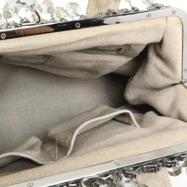 Pre Owned Prada Beige Canvas Mistolino Crystal Cluster Frame Satchel