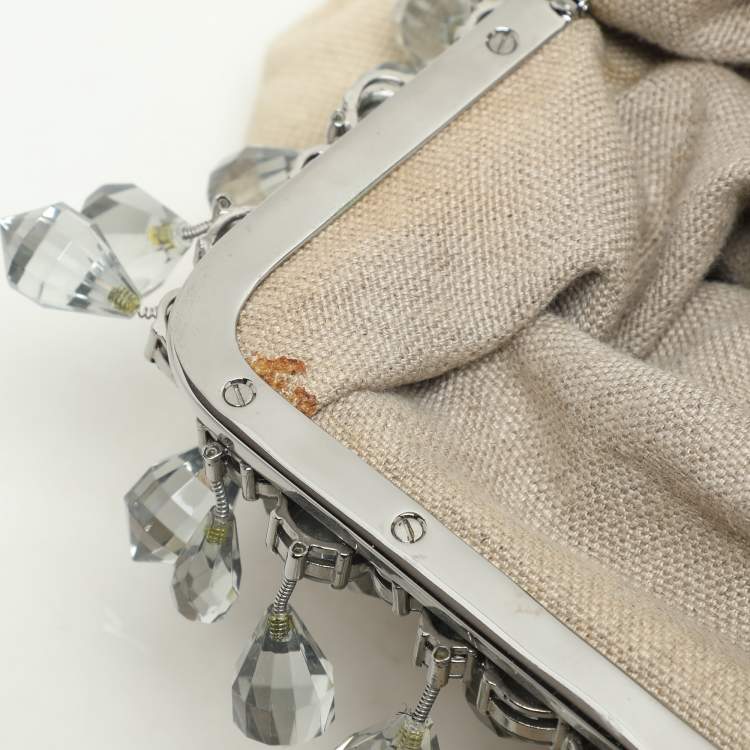 Pre Owned Prada Beige Canvas Mistolino Crystal Cluster Frame Satchel