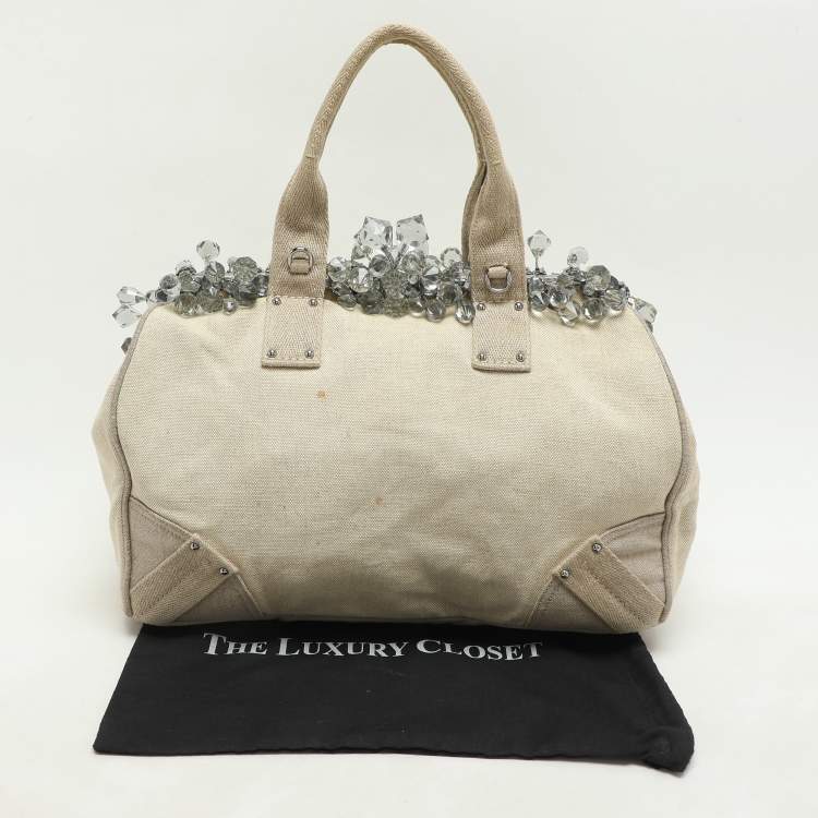 Pre Owned Prada Beige Canvas Mistolino Crystal Cluster Frame Satchel