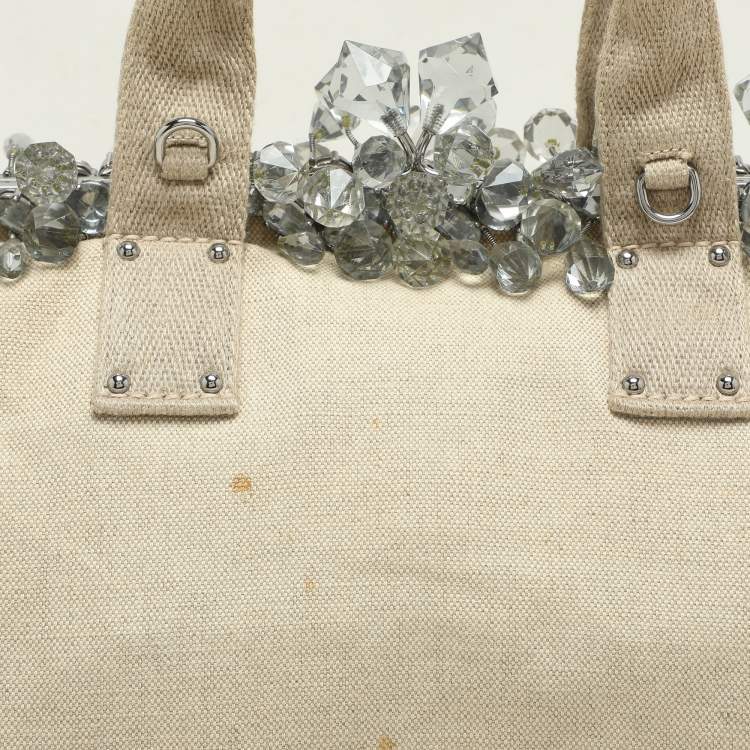 Pre Owned Prada Beige Canvas Mistolino Crystal Cluster Frame Satchel