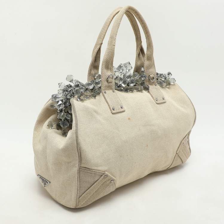Pre Owned Prada Beige Canvas Mistolino Crystal Cluster Frame Satchel