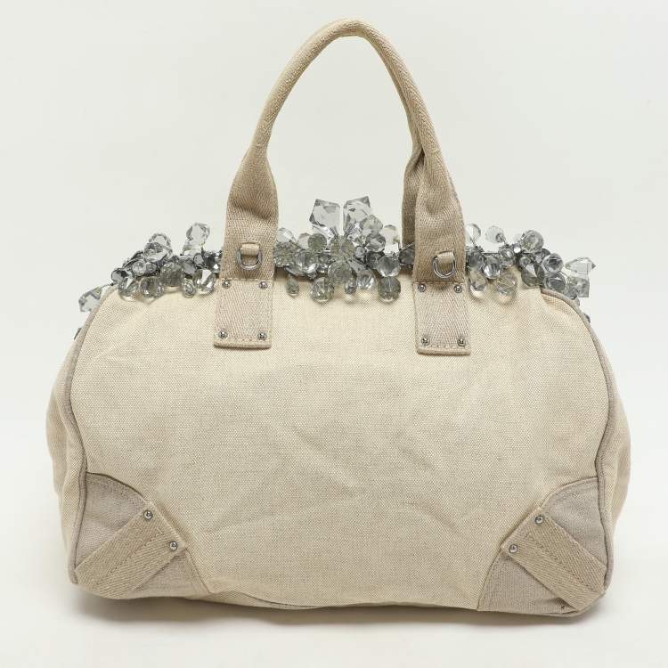 Pre Owned Prada Beige Canvas Mistolino Crystal Cluster Frame Satchel