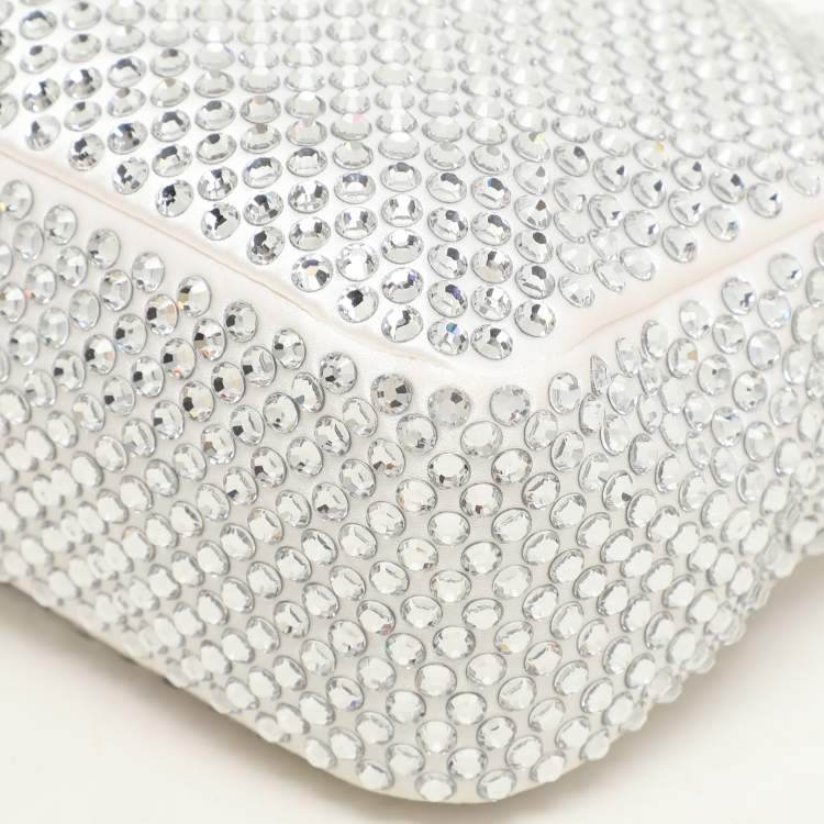 Pre Owned Prada Off White Satin Crystal Embellished Re-Edition 2000 Baguette Bag