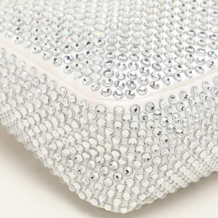 Pre Owned Prada Off White Satin Crystal Embellished Re-Edition 2000 Baguette Bag