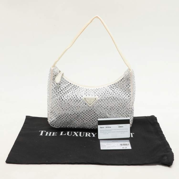 Pre Owned Prada Off White Satin Crystal Embellished Re-Edition 2000 Baguette Bag