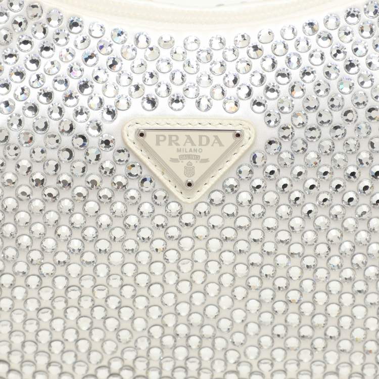 Pre Owned Prada Off White Satin Crystal Embellished Re-Edition 2000 Baguette Bag