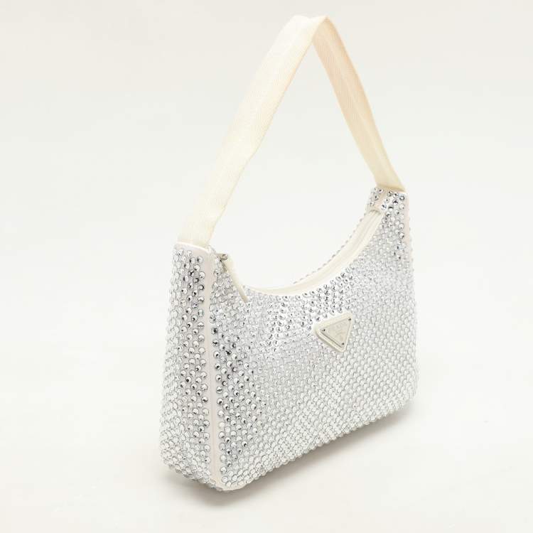 Pre Owned Prada Off White Satin Crystal Embellished Re-Edition 2000 Baguette Bag