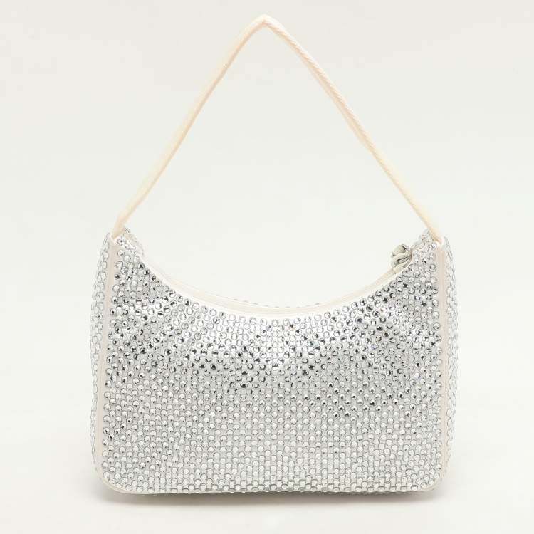 Pre Owned Prada Off White Satin Crystal Embellished Re-Edition 2000 Baguette Bag