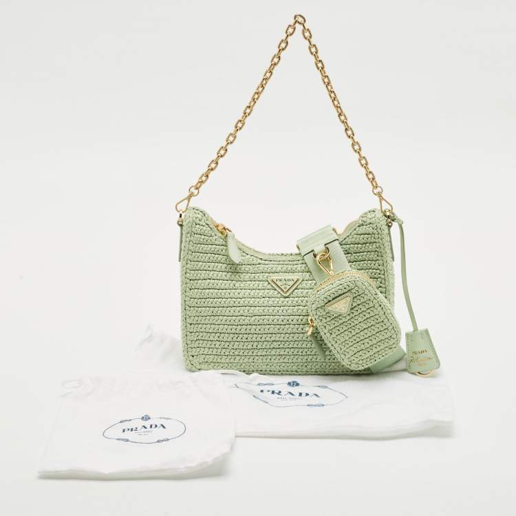 Pre Owned Prada Mint Green Raffia Re-Edition 2005 Shoulder Bag