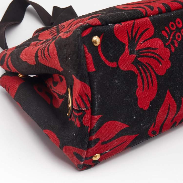 Pre Owned Prada Red/Black Canvas Floral Canapa Tote