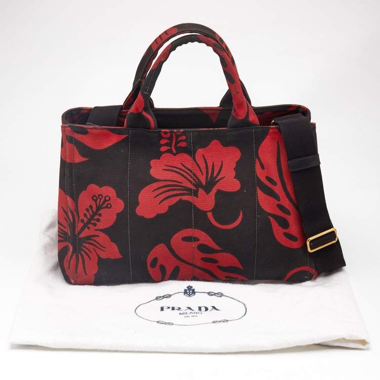 Pre Owned Prada Red/Black Canvas Floral Canapa Tote