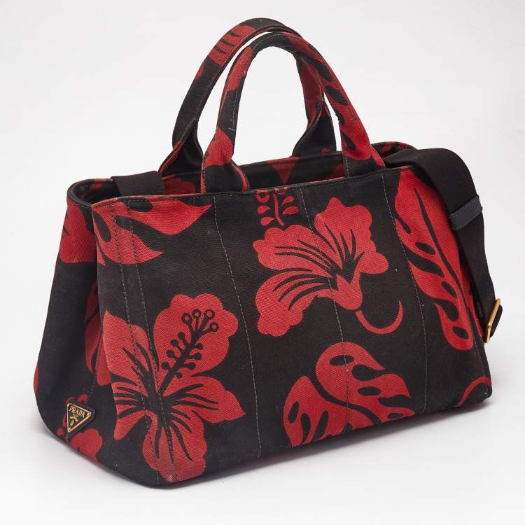 Pre Owned Prada Red/Black Canvas Floral Canapa Tote