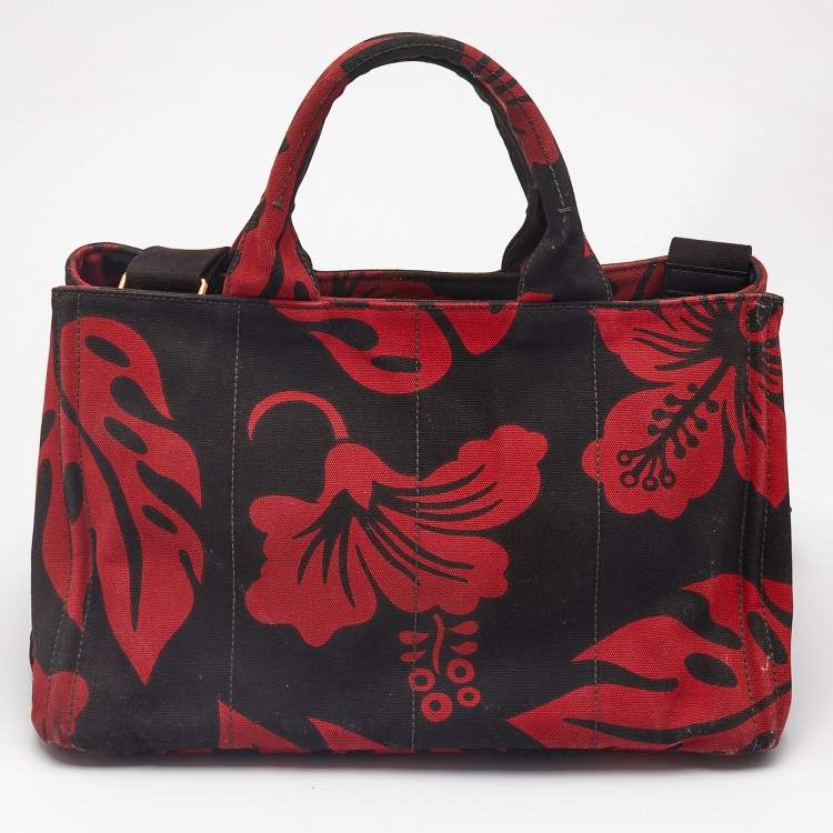 Pre Owned Prada Red/Black Canvas Floral Canapa Tote