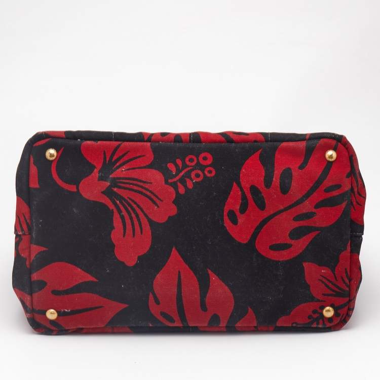 Pre Owned Prada Red/Black Canvas Floral Canapa Tote