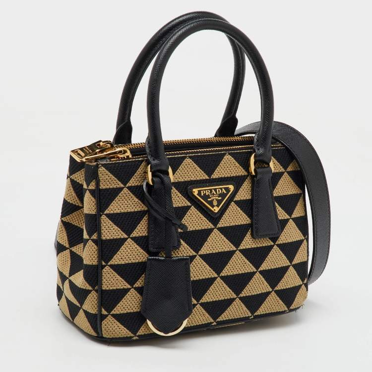 Pre Owned Prada Beige/Black Jacquard Triangolo and Saffiano Leather Mini Galleria Double Zip Tote