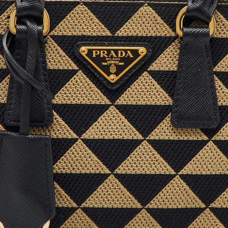 Pre Owned Prada Beige/Black Jacquard Triangolo and Saffiano Leather Mini Galleria Double Zip Tote