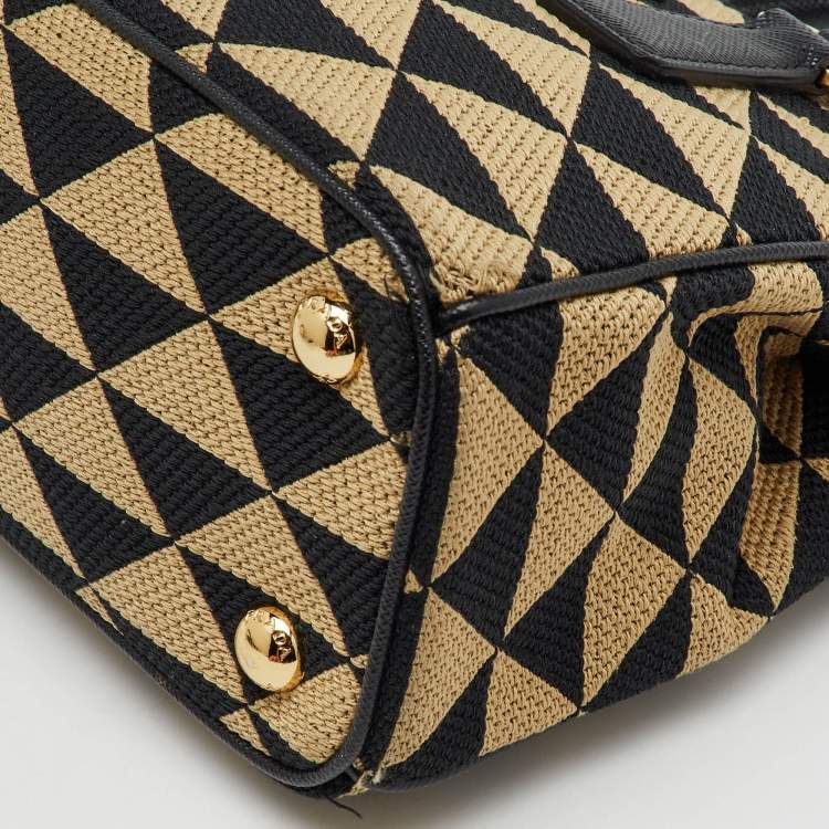 Pre Owned Prada Beige/Black Jacquard Triangolo and Saffiano Leather Mini Galleria Double Zip Tote